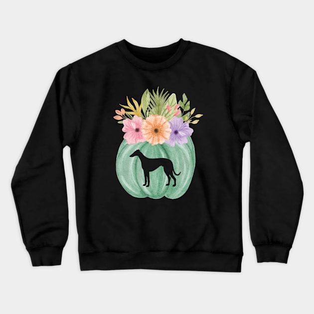 Greyhound Teal Pumpkin with Fall Flowers Crewneck Sweatshirt by Houndie Love